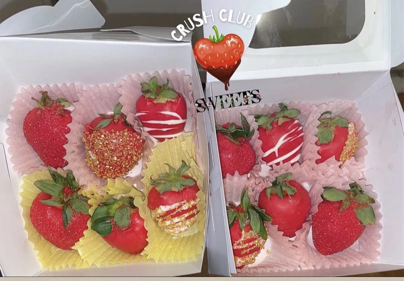Crush Club Sweets boxes of red-dipped strawberries with drizzles and sprinkles